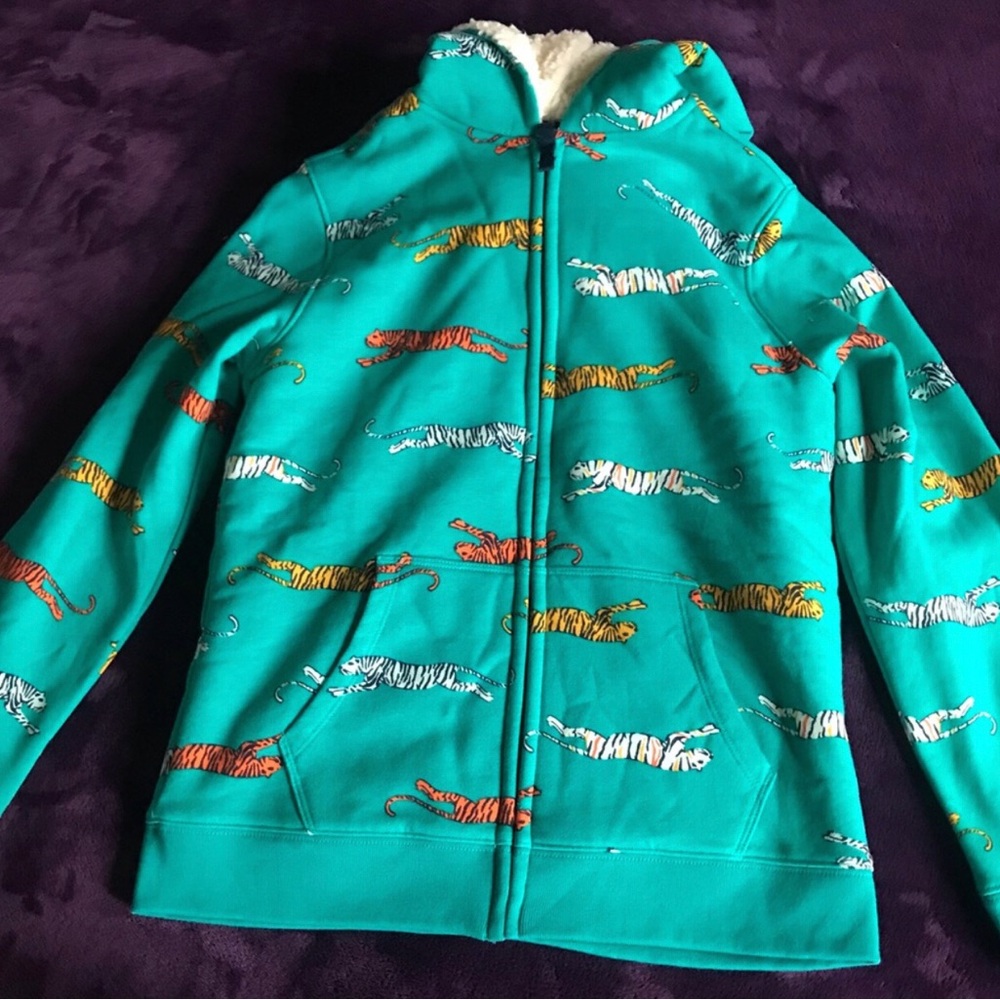 Lands End NWOT Kids Teal Tiger-Print Zip Hoodie Size 10/12